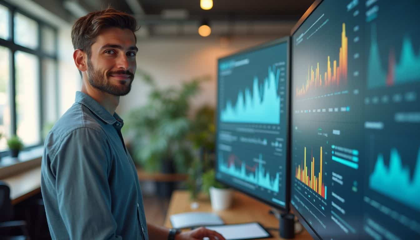 A casually dressed man stands by a large screen displaying charts in a typical, slightly cluttered office. A casually dressed man stands by a large screen displaying charts in a typical, slightly cluttered office.