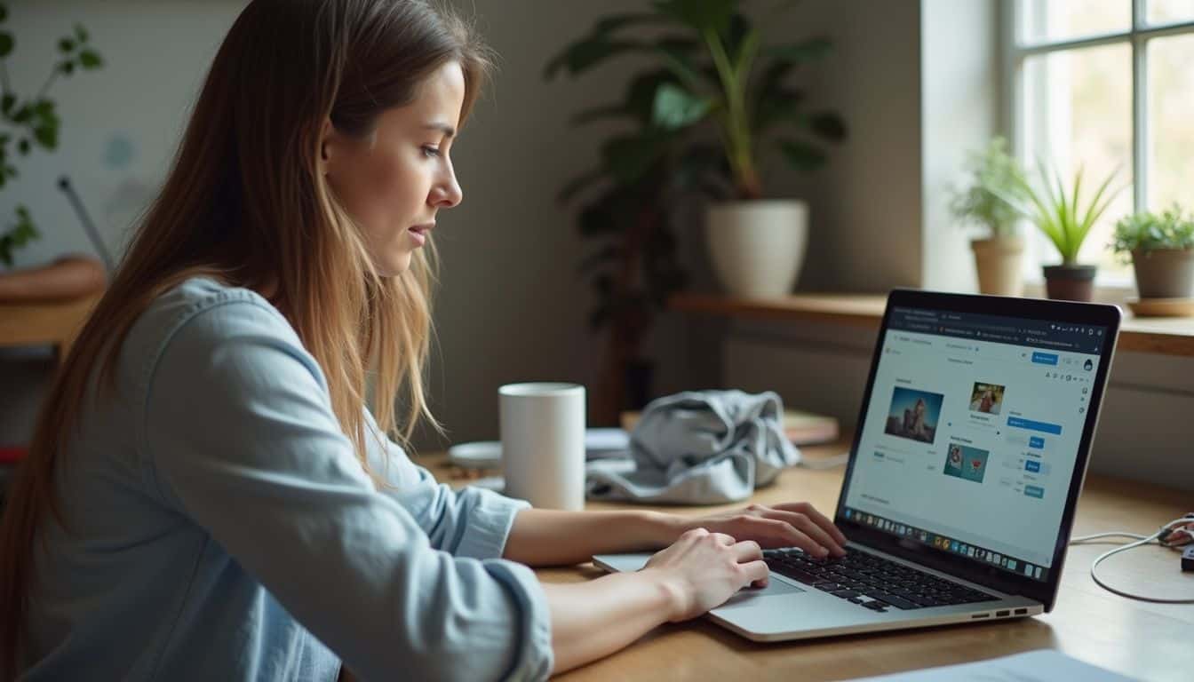 A woman in her 30s works on a laptop at a cluttered table, focusing on a presentation with AI tools. A woman in her 30s works on a laptop at a cluttered table, focusing on a presentation with AI tools.