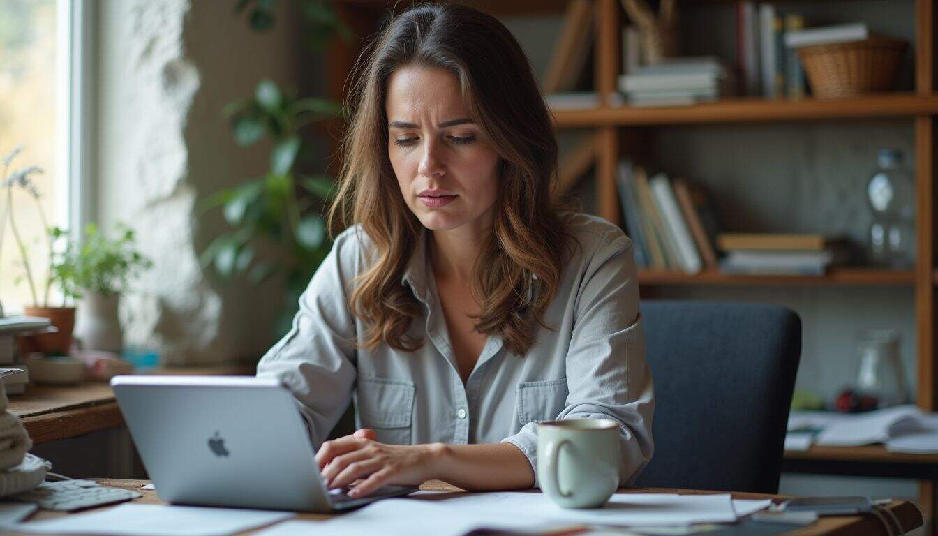 A woman in her 30s sits at a cluttered desk, glancing at a tablet with mixed emotions. A woman in her 30s sits at a cluttered desk, glancing at a tablet with mixed emotions.