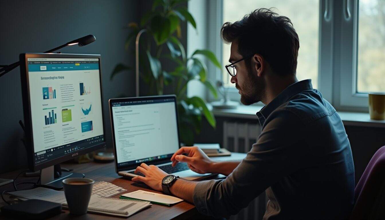 A man in his 30s works on presentation slides at a cluttered desk in a plain office. A man in his 30s works on presentation slides at a cluttered desk in a plain office.