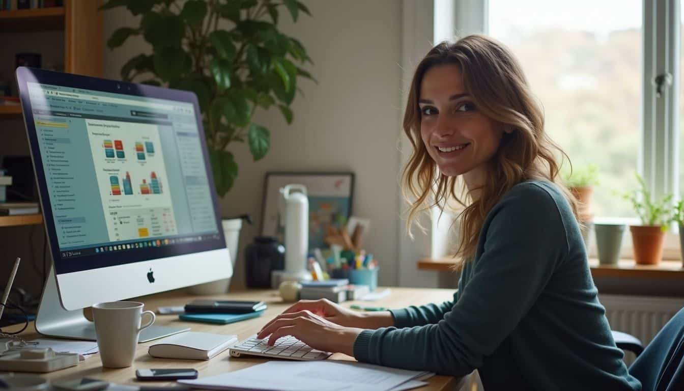A casually dressed woman appears distracted at her cluttered home workspace while working on her laptop. A casually dressed woman appears distracted at her cluttered home workspace while working on her laptop.