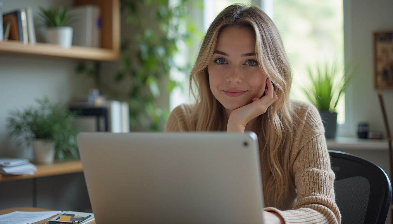 A woman in her 30s works casually at her desk with a laptop and a lived-in room around her. A woman in her 30s works casually at her desk with a laptop and a lived-in room around her.