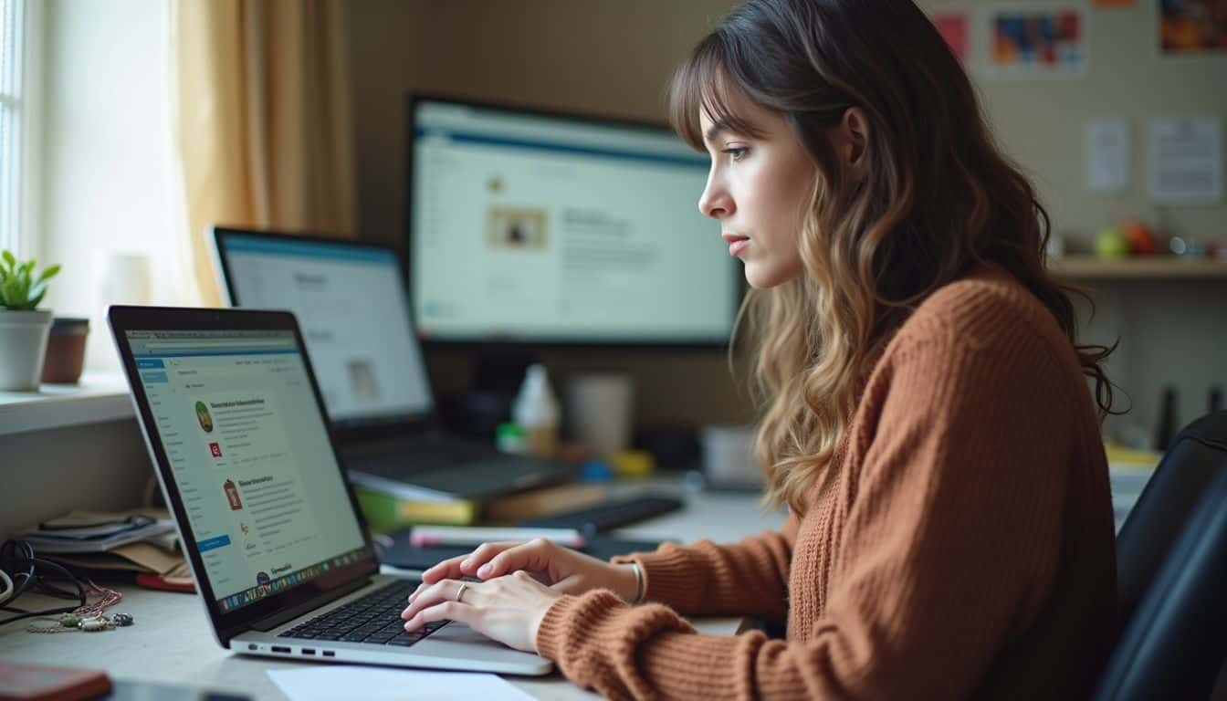 A woman casually works on a laptop at a cluttered desk, surrounded by social media windows and presentation tools. A woman casually works on a laptop at a cluttered desk, surrounded by social media windows and presentation tools.