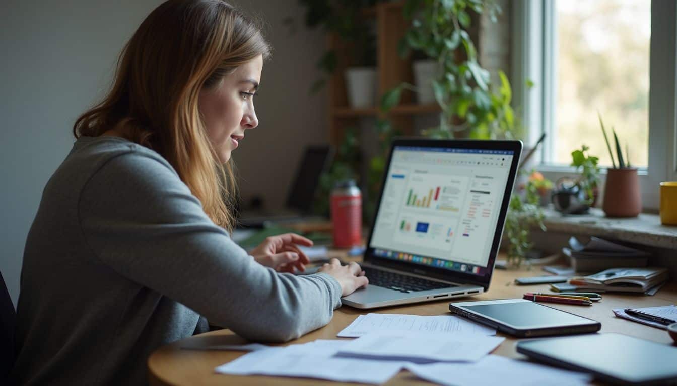 A woman in her 30s works casually at a messy desk on her laptop, creating a presentation with an AI tool. A woman in her 30s works casually at a messy desk on her laptop, creating a presentation with an AI tool.
