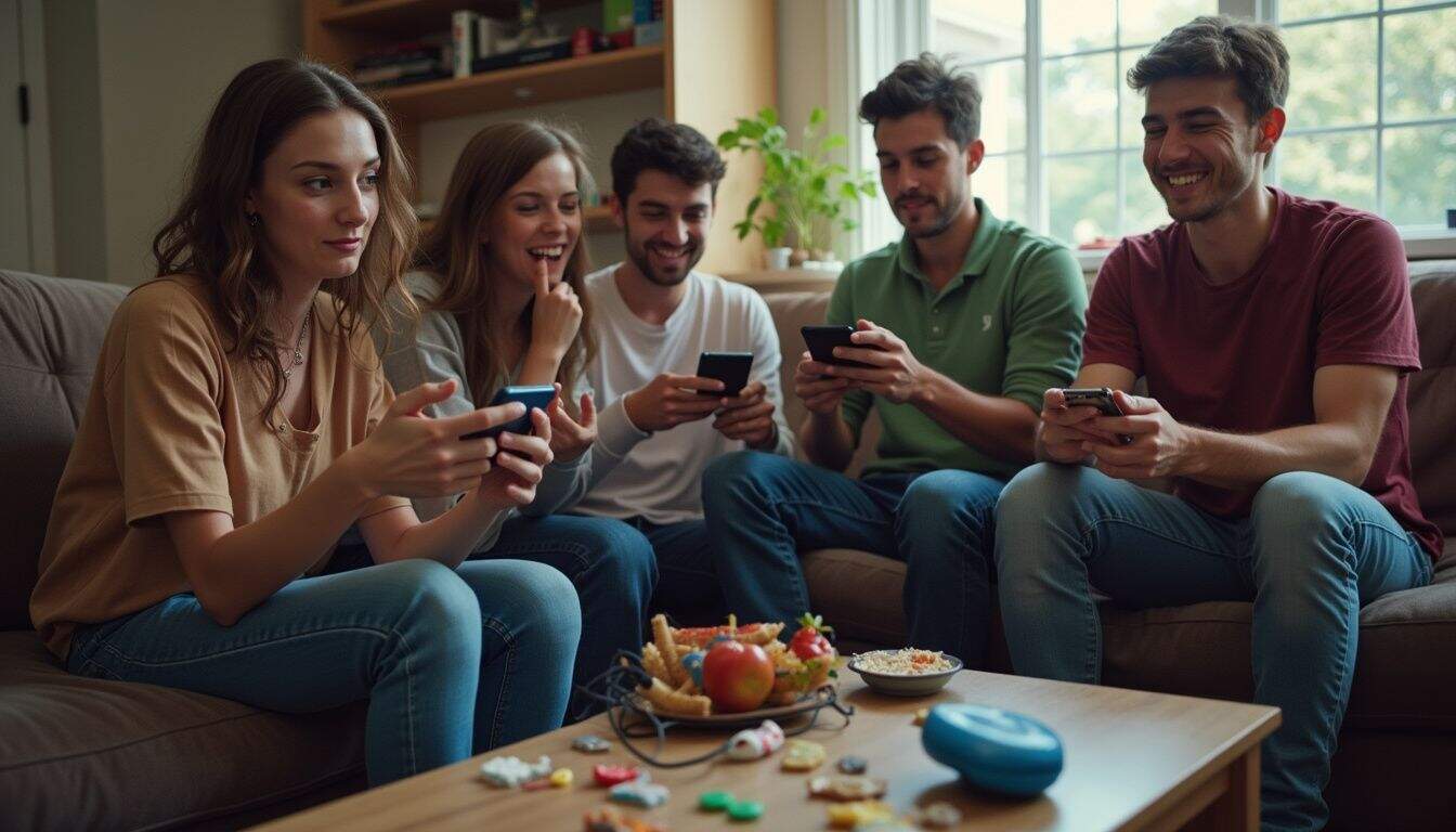 A group of friends casually enjoying each other's company while playing Retro Bowl in a cluttered living room. A group of friends casually enjoying each other's company while playing Retro Bowl in a cluttered living room.