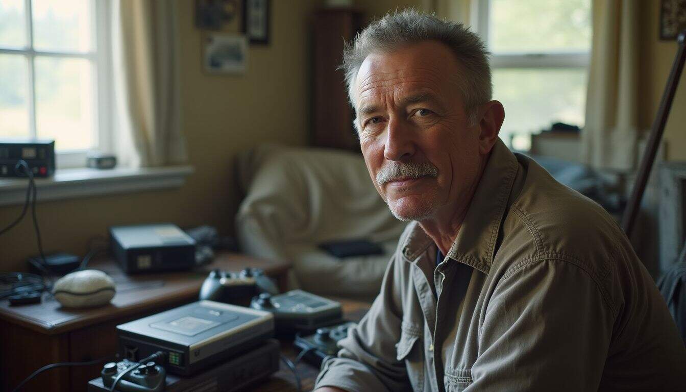 A relaxed middle-aged man sits among well-used football game consoles in a cluttered, lived-in room. A relaxed middle-aged man sits among well-used football game consoles in a cluttered, lived-in room.