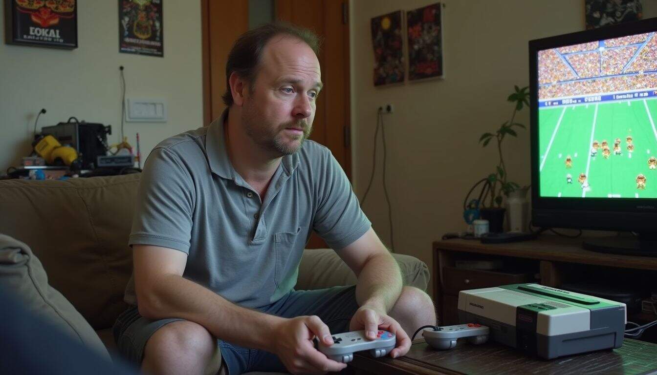 A man in his 30s enjoys playing Tecmo Super Bowl on a vintage Super Nintendo in a cozy, cluttered room. A man in his 30s enjoys playing Tecmo Super Bowl on a vintage Super Nintendo in a cozy, cluttered room.