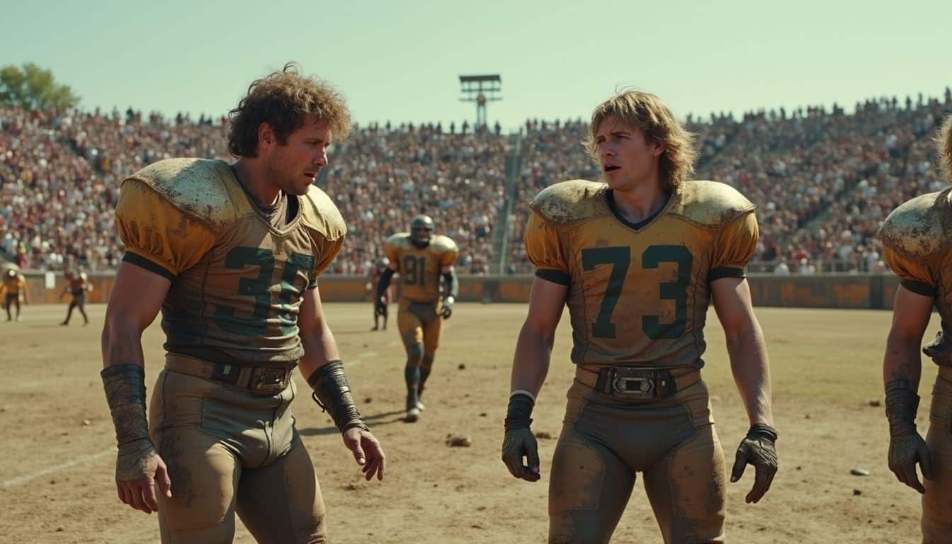 A chaotic football field scene features worn-out players amidst dirt and debris, capturing a gritty, spontaneous atmosphere. A chaotic football field scene features worn-out players amidst dirt and debris, capturing a gritty, spontaneous atmosphere.