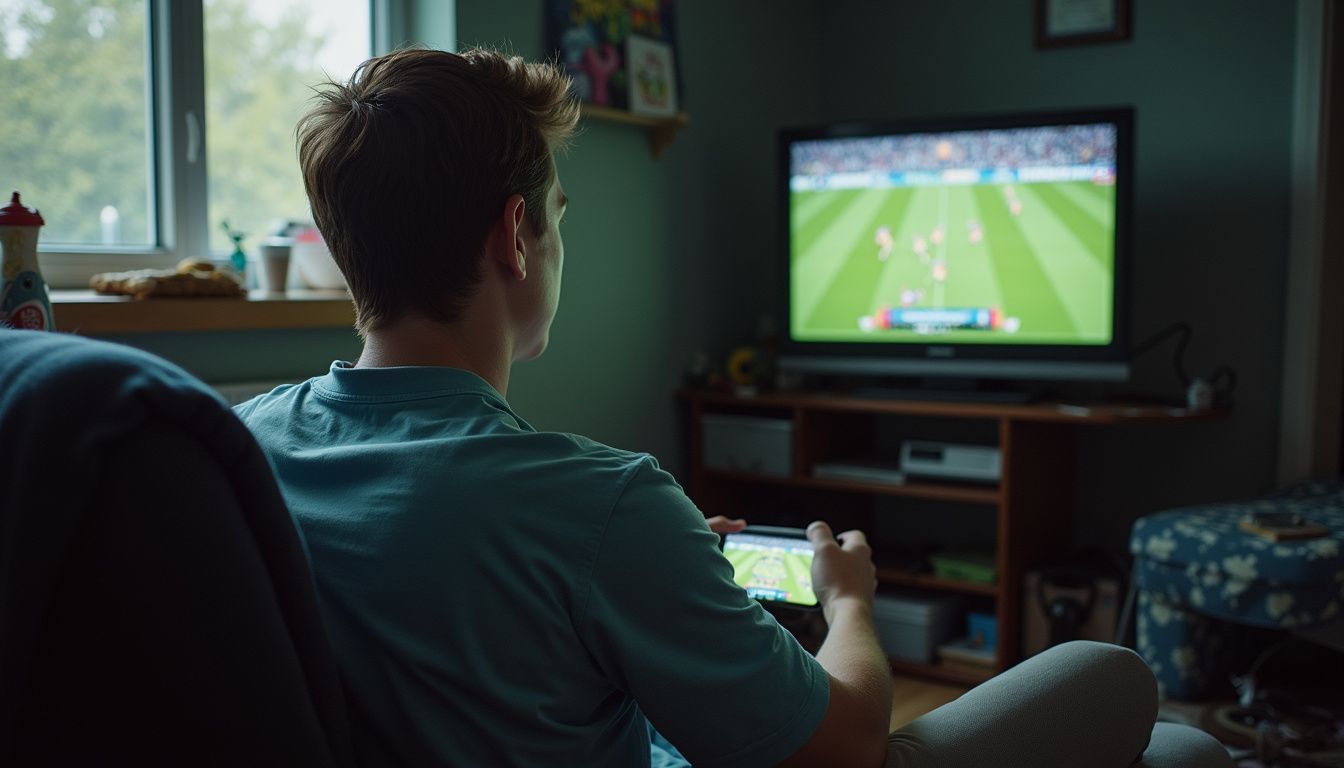 A young man enjoys playing a football video game in a cluttered, lived-in room. A young man enjoys playing a football video game in a cluttered, lived-in room.