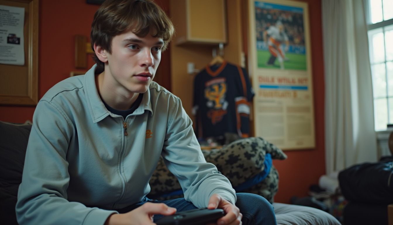 A young man is absorbed in playing a college football video game in his casual, cluttered room. A young man is absorbed in playing a college football video game in his casual, cluttered room.