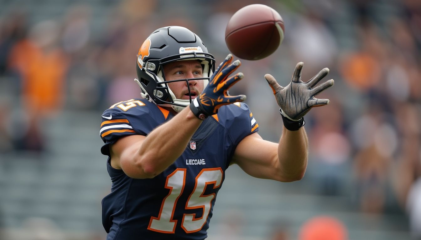 A casual snapshot captures a football player reaching out to catch a pass amid a lively crowd. A casual snapshot captures a football player reaching out to catch a pass amid a lively crowd.