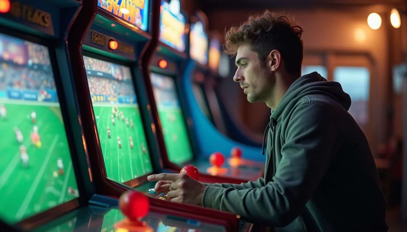 A young man casually enjoys an American football arcade game in a lively, cluttered arcade. A young man casually enjoys an American football arcade game in a lively, cluttered arcade.