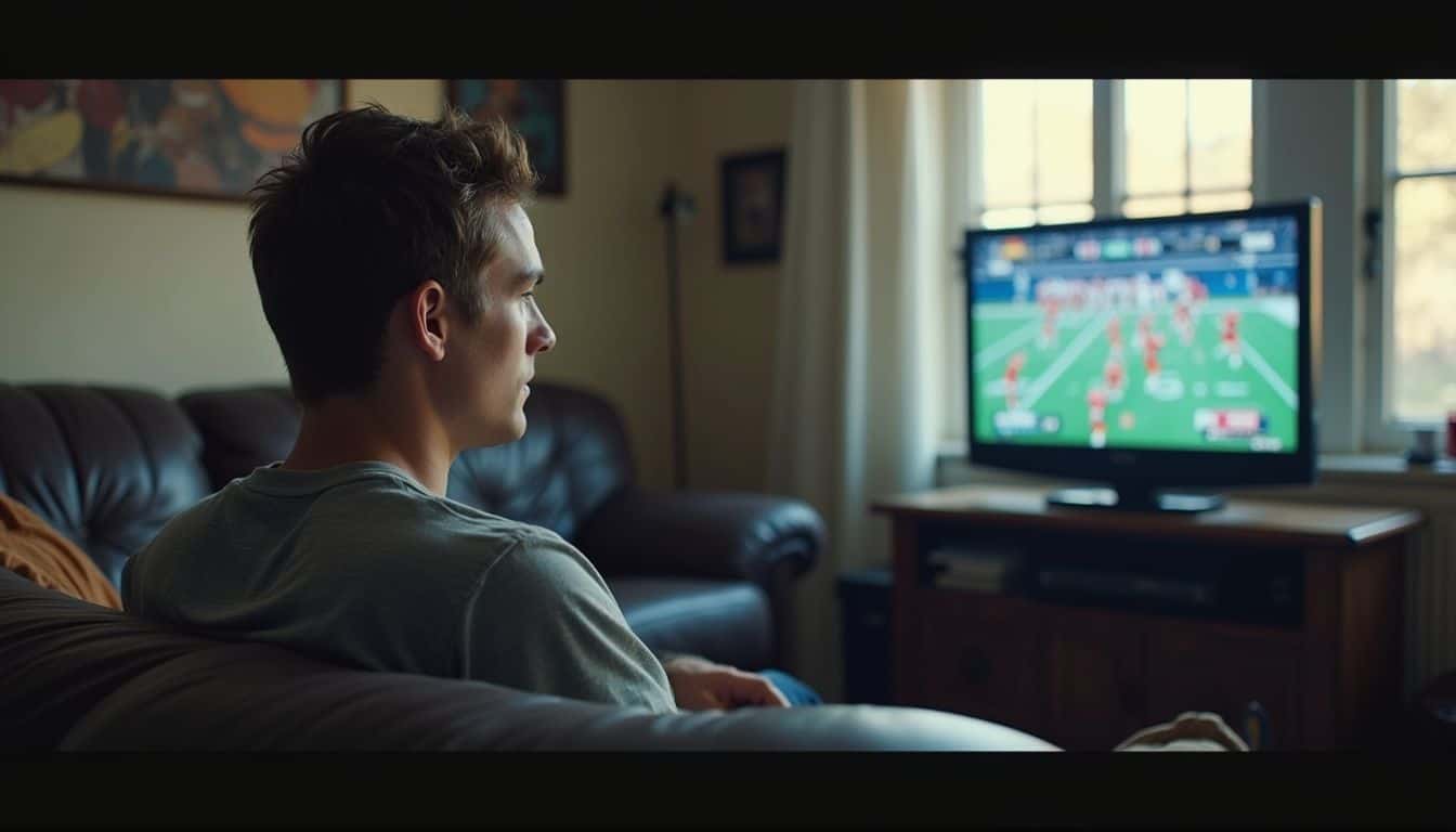 A casually dressed man plays an American football video game on a worn leather couch in a lived-in room. A casually dressed man plays an American football video game on a worn leather couch in a lived-in room.