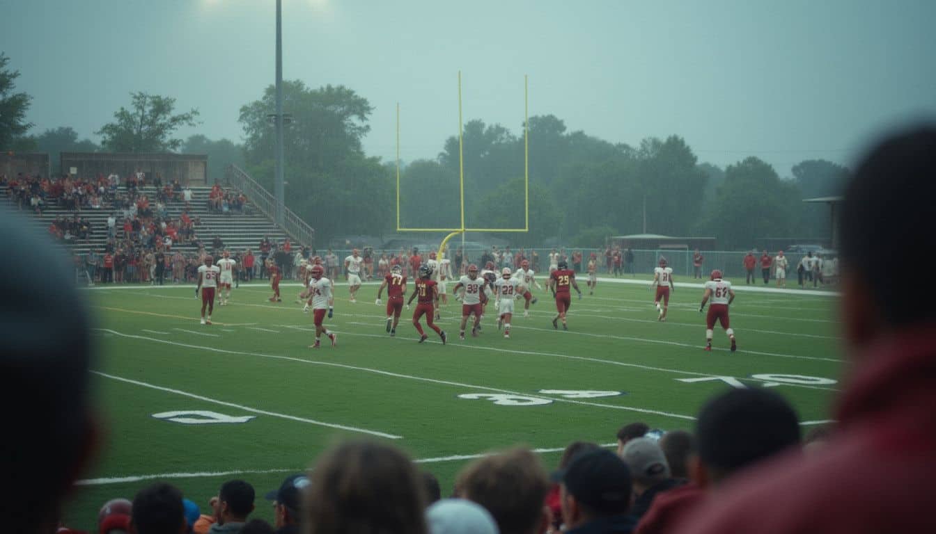A candid, unpolished snapshot of players in action during a rainy football game, capturing the game's relaxed atmosphere. A candid, unpolished snapshot of players in action during a rainy football game, capturing the game's relaxed atmosphere.