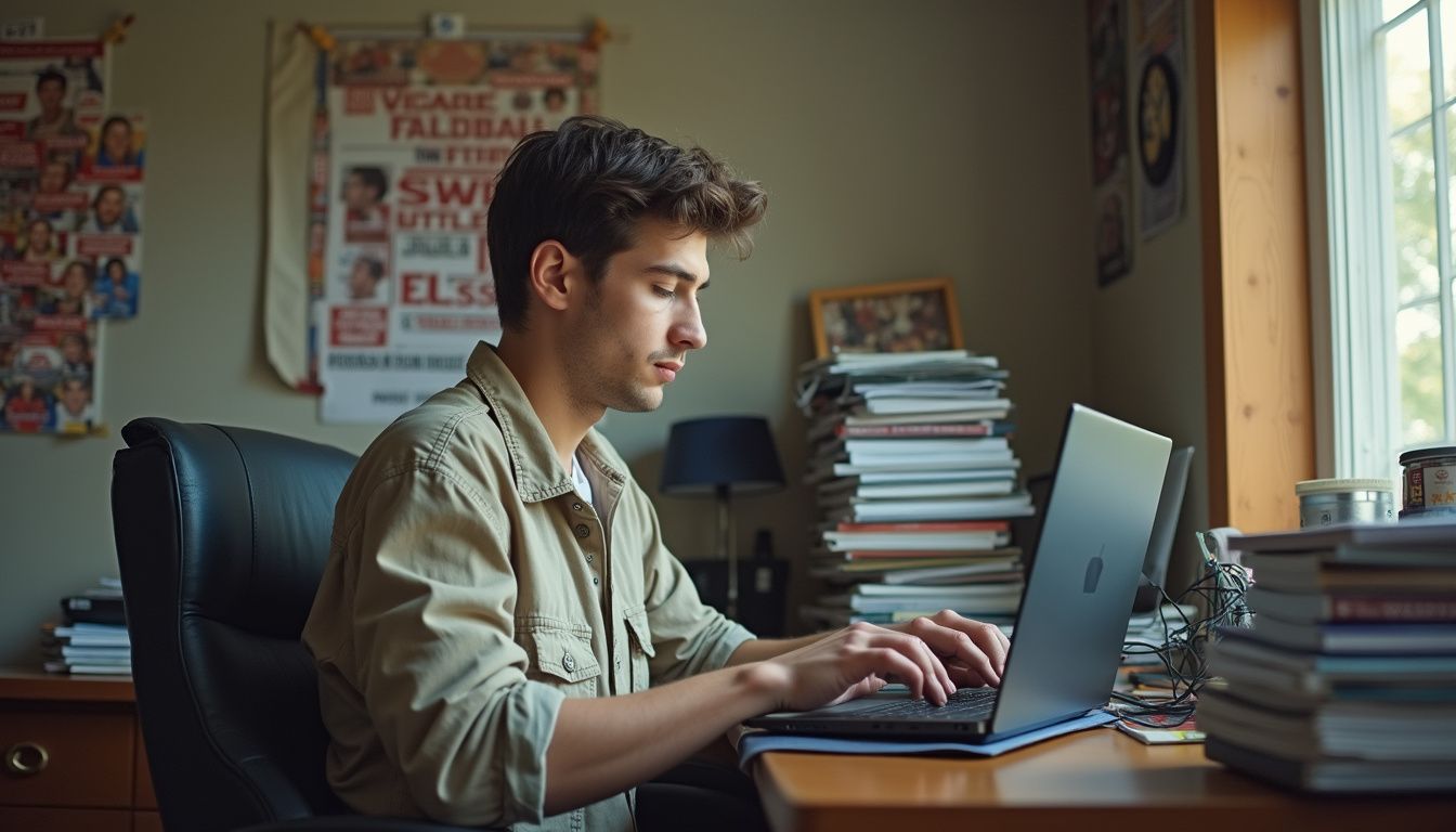 A casual young man works on player contracts at a cluttered home office desk, surrounded by football memorabilia. A casual young man works on player contracts at a cluttered home office desk, surrounded by football memorabilia.