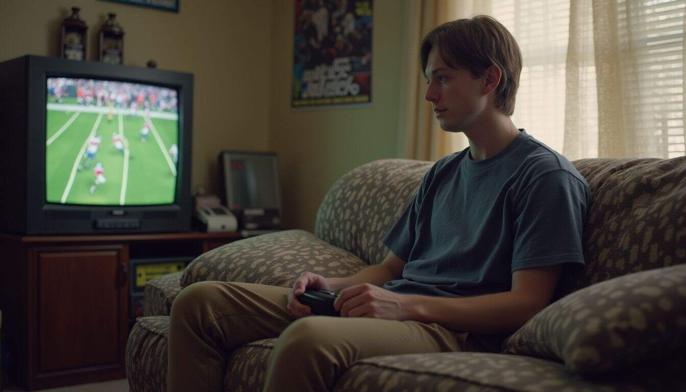 A person in their late 20s lounges on a couch, playing Madden NFL 2004 in a casual, cluttered room. A person in their late 20s lounges on a couch, playing Madden NFL 2004 in a casual, cluttered room.