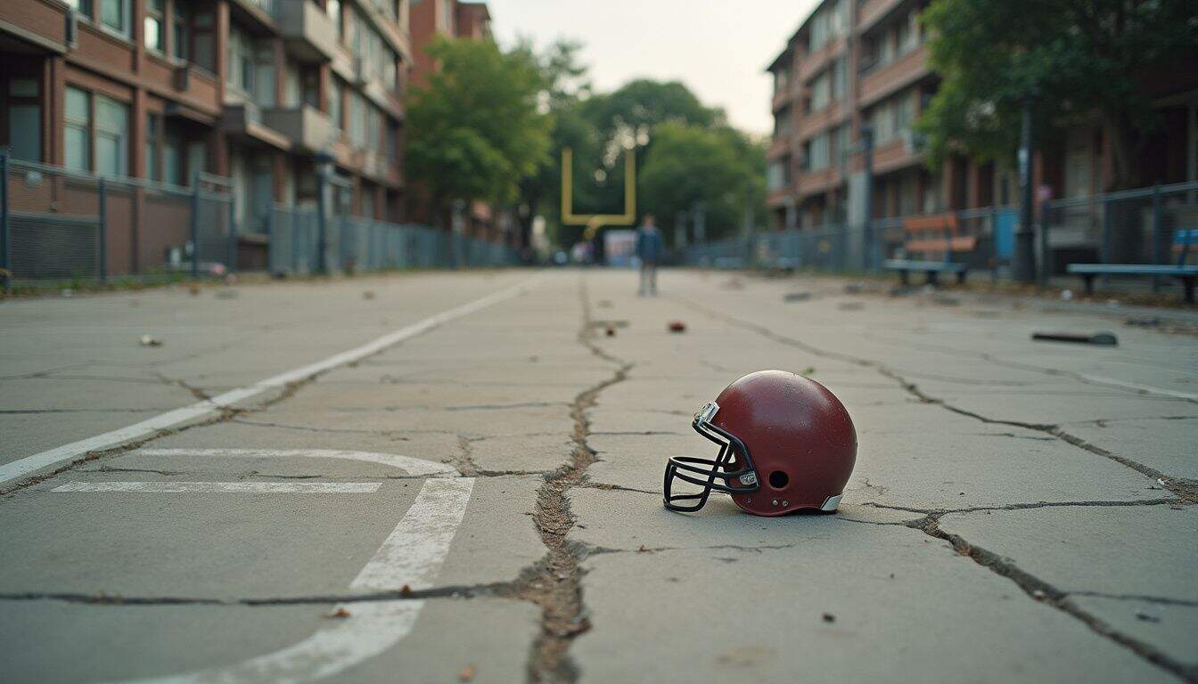 A neglected city playground features a faded football field and scattered debris, highlighting an everyday neighborhood scene. A neglected city playground features a faded football field and scattered debris, highlighting an everyday neighborhood scene.