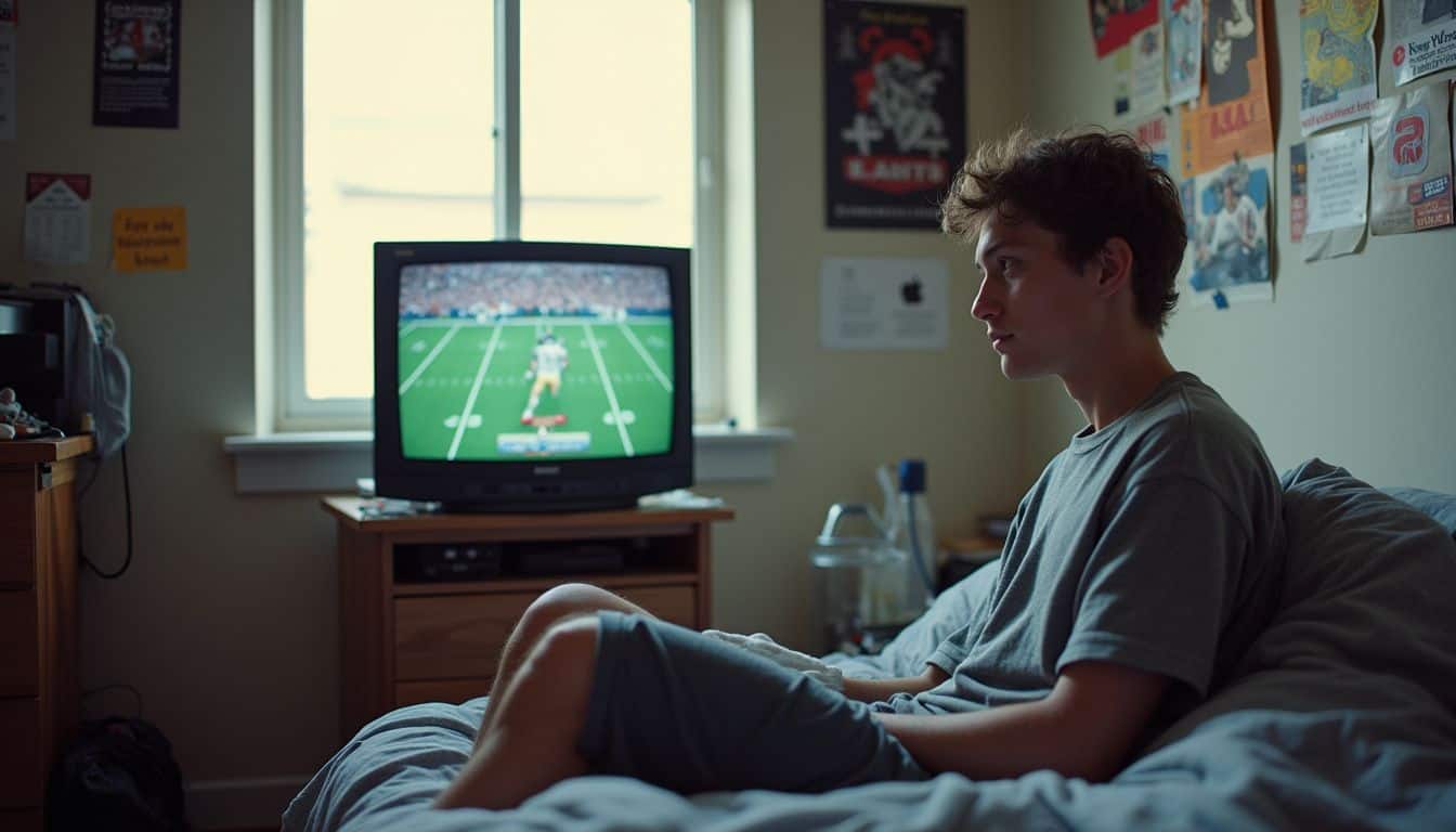 A young man casually plays NCAA Football 14 in his cluttered dorm room, surrounded by college memorabilia and belongings. A young man casually plays NCAA Football 14 in his cluttered dorm room, surrounded by college memorabilia and belongings.