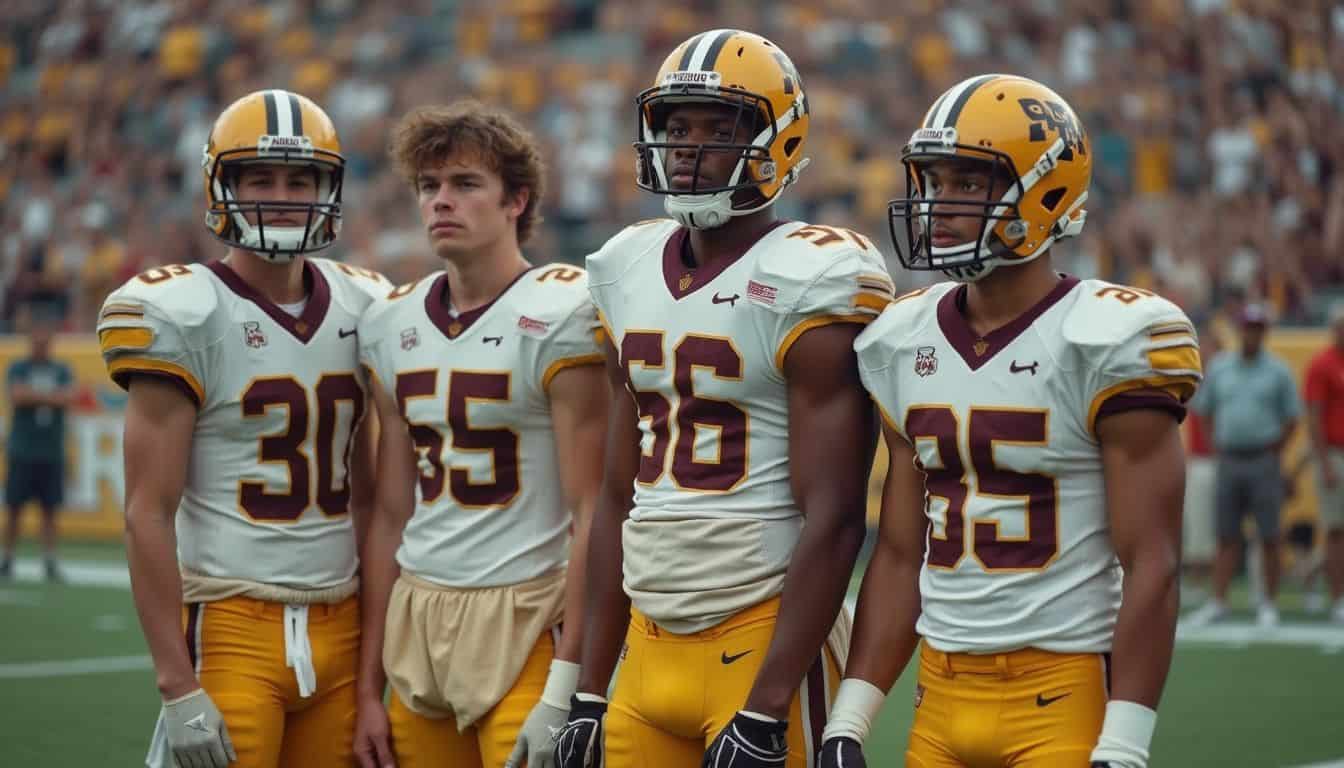 A group of college football players poses casually on the field amidst an engaged crowd of fans. A group of college football players poses casually on the field amidst an engaged crowd of fans.