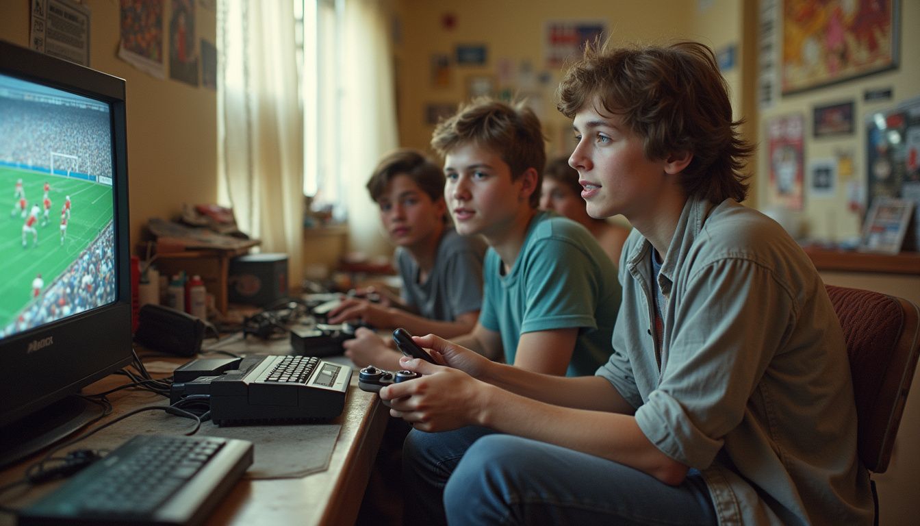 A group of friends casually plays lesser-known football video games around an old console in a messy room. A group of friends casually plays lesser-known football video games around an old console in a messy room.