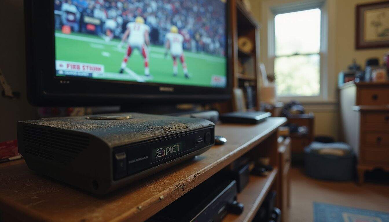 An old video game console collects dust on a cluttered shelf, displaying a paused game of ESPN NFL 2K5. An old video game console collects dust on a cluttered shelf, displaying a paused game of ESPN NFL 2K5.