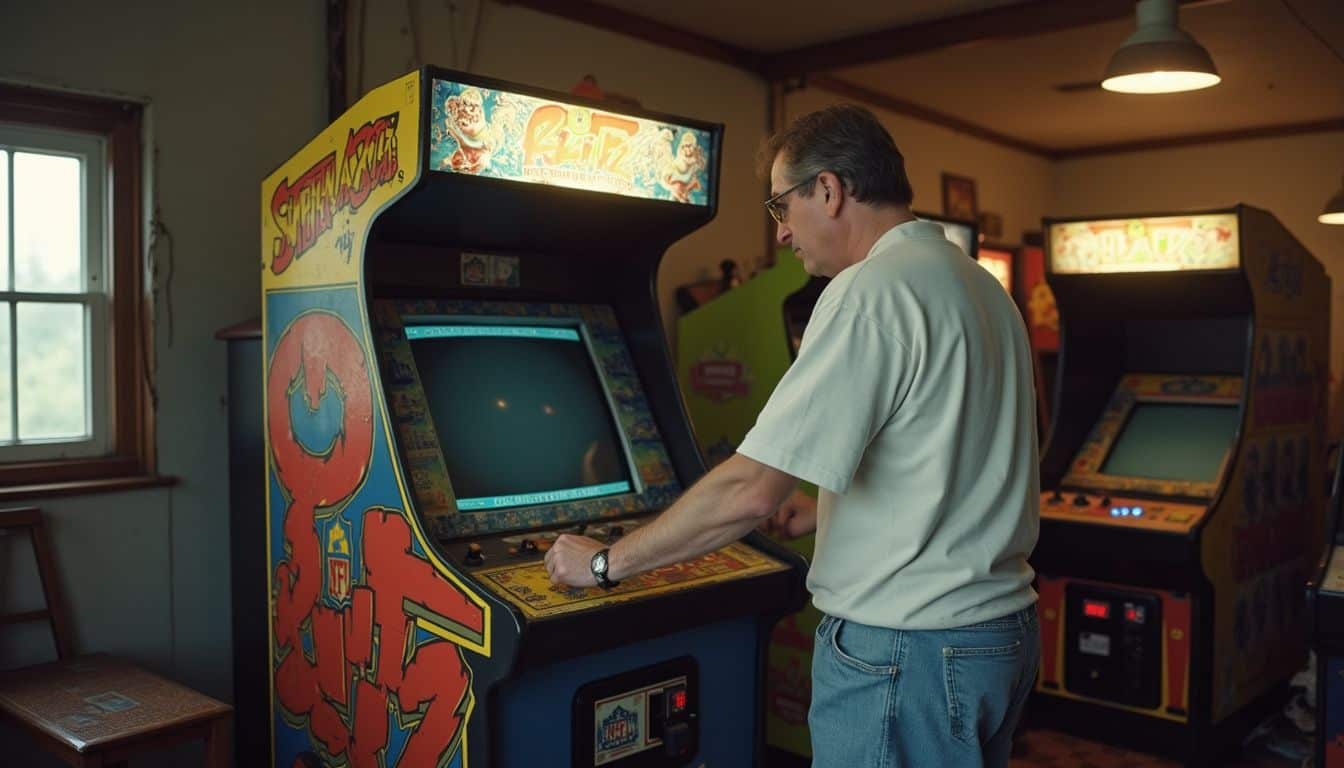 A vintage NFL Blitz arcade machine is featured in a cluttered arcade room with a casual player nearby. A vintage NFL Blitz arcade machine is featured in a cluttered arcade room with a casual player nearby.
