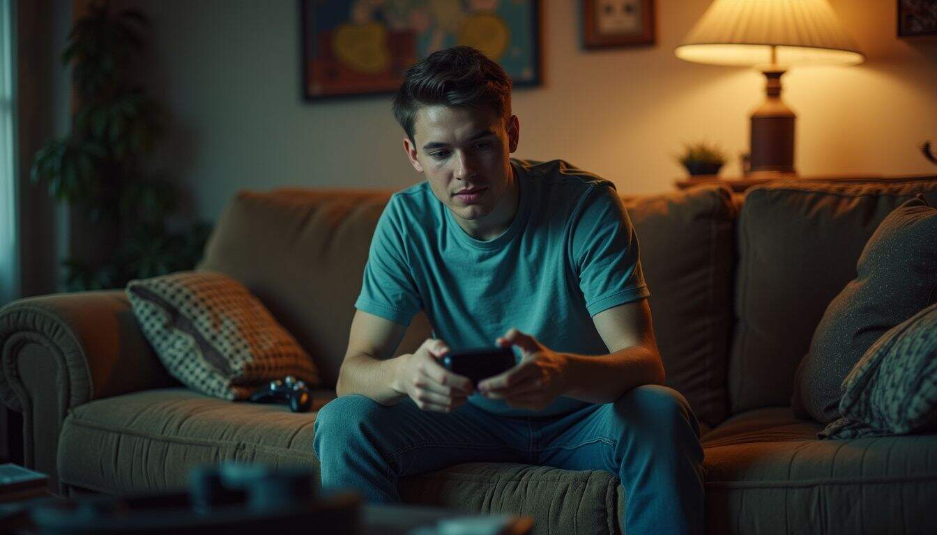 A young man casually enjoys playing Retro Bowl on his phone in a cozy, lived-in living room. A young man casually enjoys playing Retro Bowl on his phone in a cozy, lived-in living room.