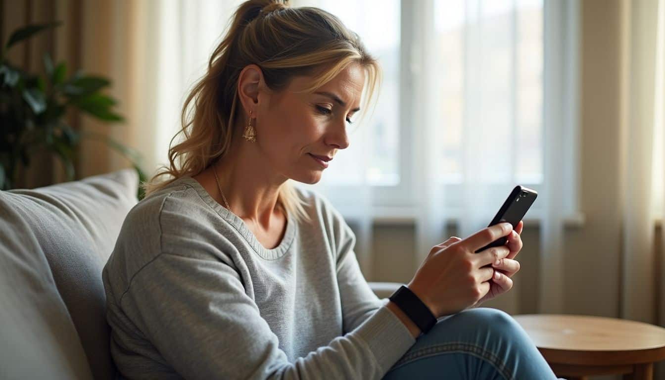 A woman in her 50s uses the Midday app on her phone in a living room. A woman in her 50s uses the Midday app on her phone in a living room.