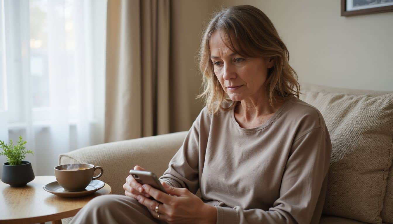 A woman in her 50s relaxes on a couch, checking the Caria app on her phone while drinking tea. A woman in her 50s relaxes on a couch, checking the Caria app on her phone while drinking tea.