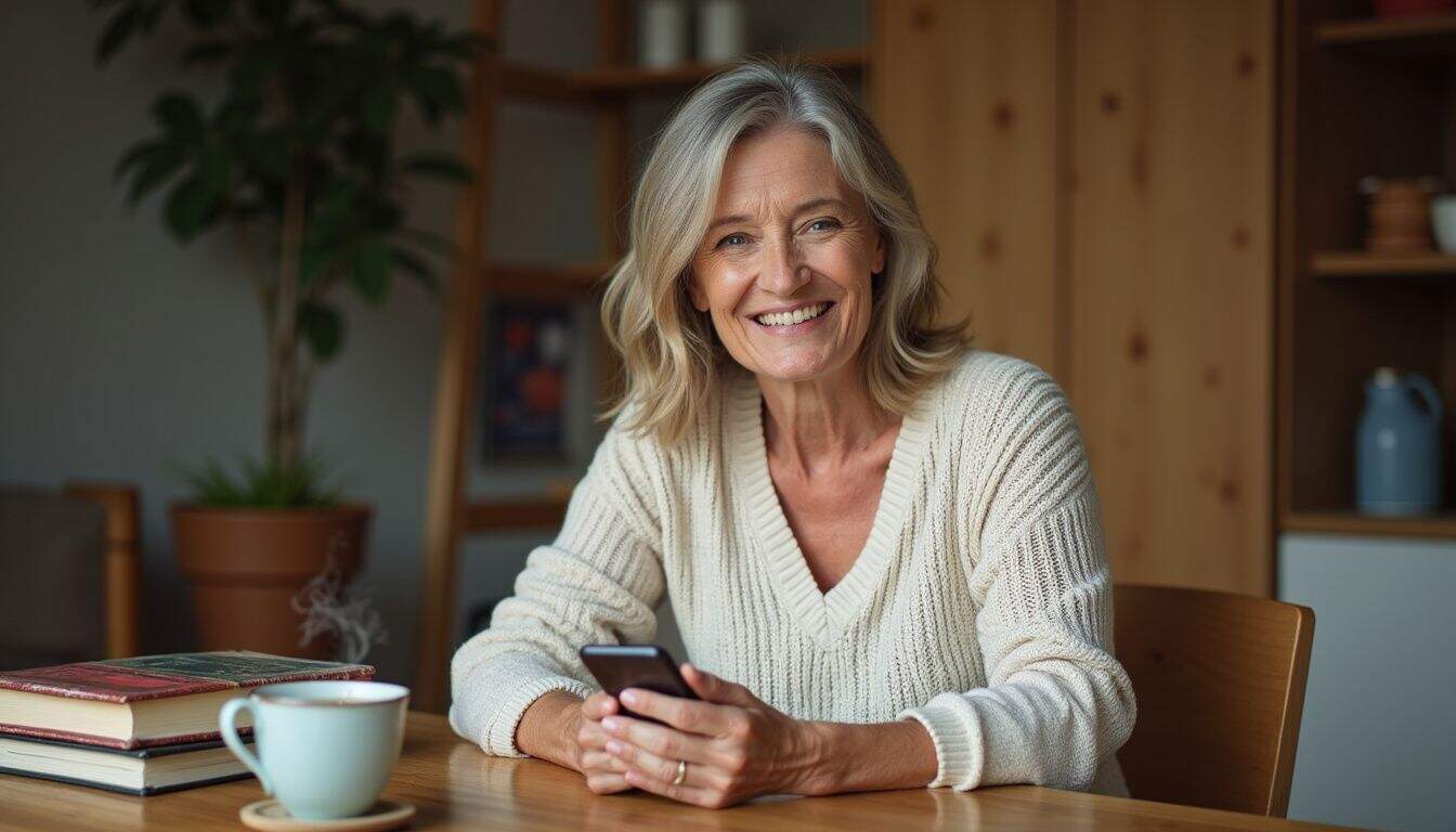 A woman at a desk uses a menopause app with health books and tea nearby. A woman at a desk uses a menopause app with health books and tea nearby.