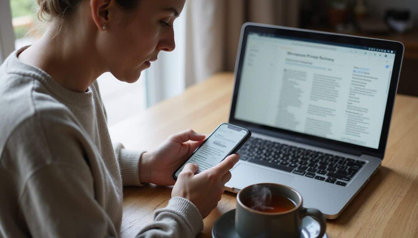 A woman checks privacy settings in a menopause app at her dining table. A woman checks privacy settings in a menopause app at her dining table.