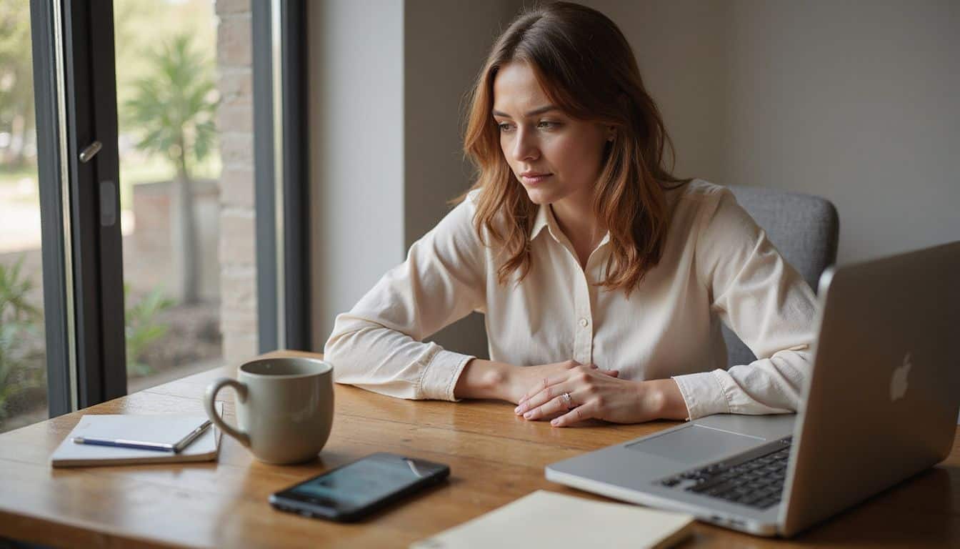 A focused woman compares menopause app features at a tidy wooden desk. A focused woman compares menopause app features at a tidy wooden desk.