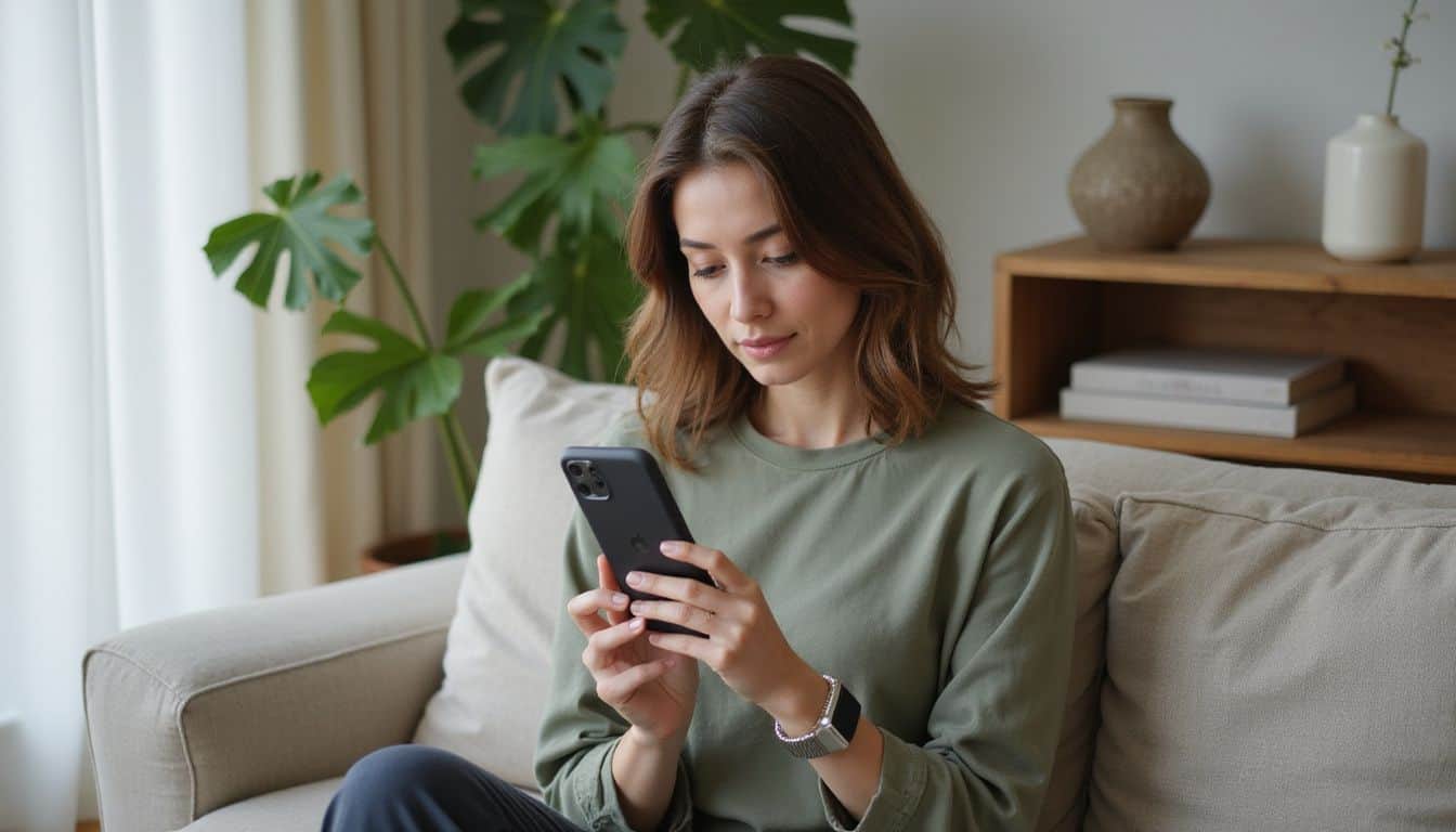 A woman sits on a sofa, reviewing menopause app insights on her smartphone. A woman sits on a sofa, reviewing menopause app insights on her smartphone.