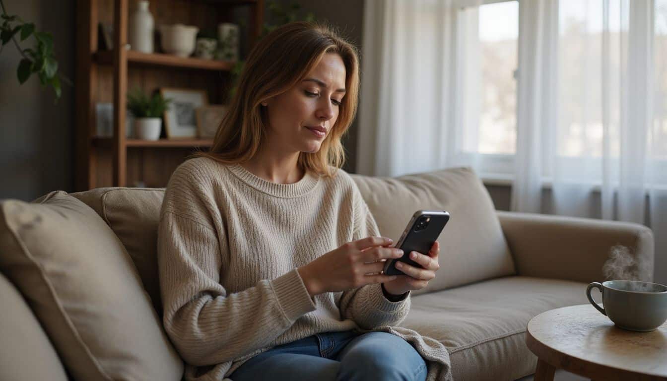 A woman in her late 40s uses a menopause tracking app on her phone while sitting on a sofa. A woman in her late 40s uses a menopause tracking app on her phone while sitting on a sofa.