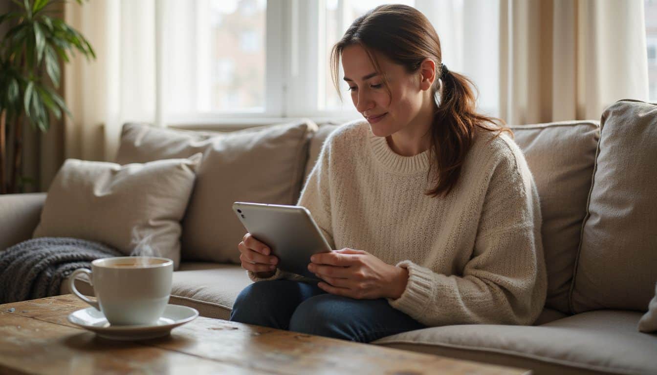 A woman in her late 40s reviews a menopause tracking app while drinking tea in a living room. A woman in her late 40s reviews a menopause tracking app while drinking tea in a living room.