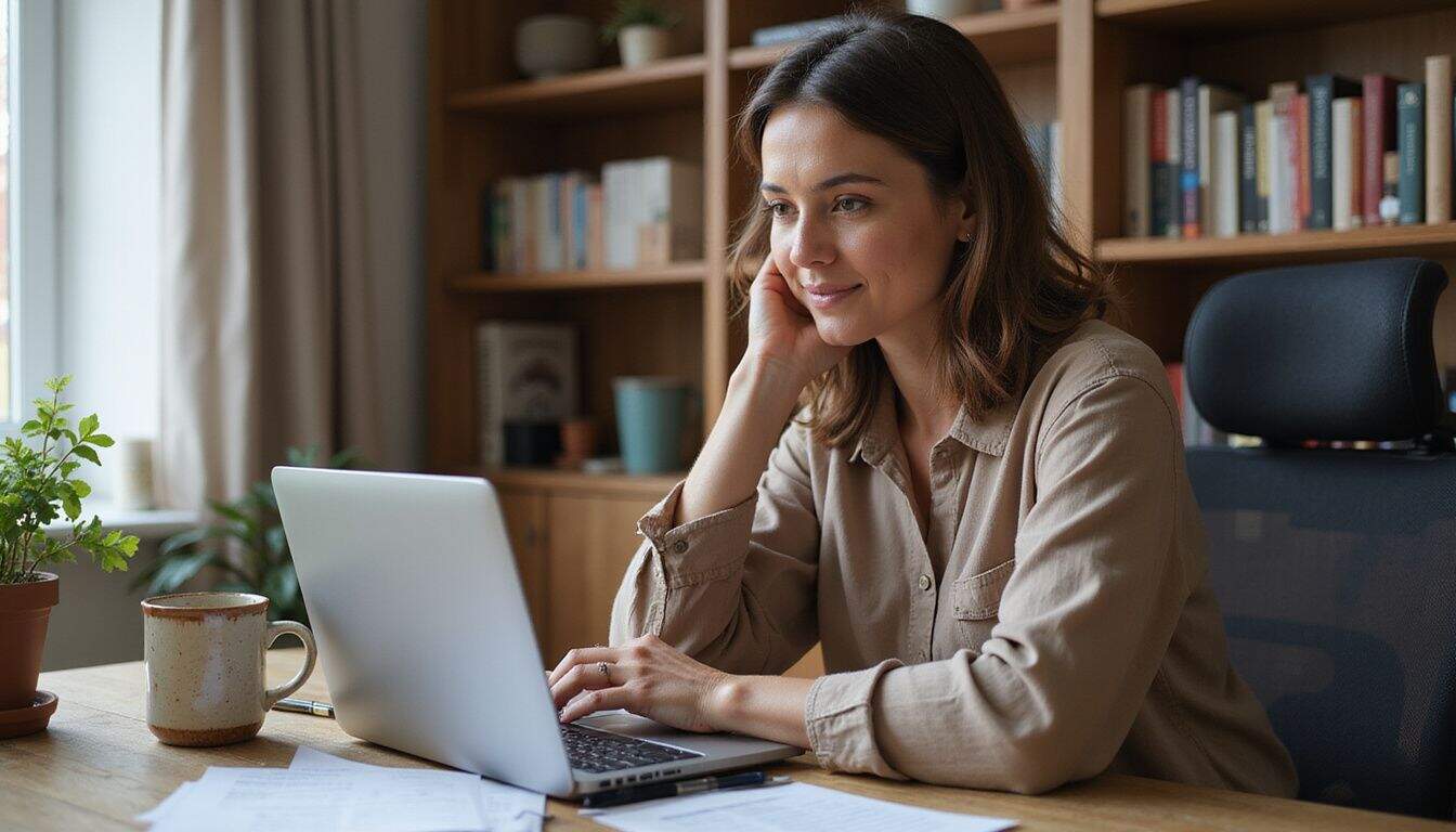 A woman researches menopause app pricing at a home desk with notes and a laptop. A woman researches menopause app pricing at a home desk with notes and a laptop.