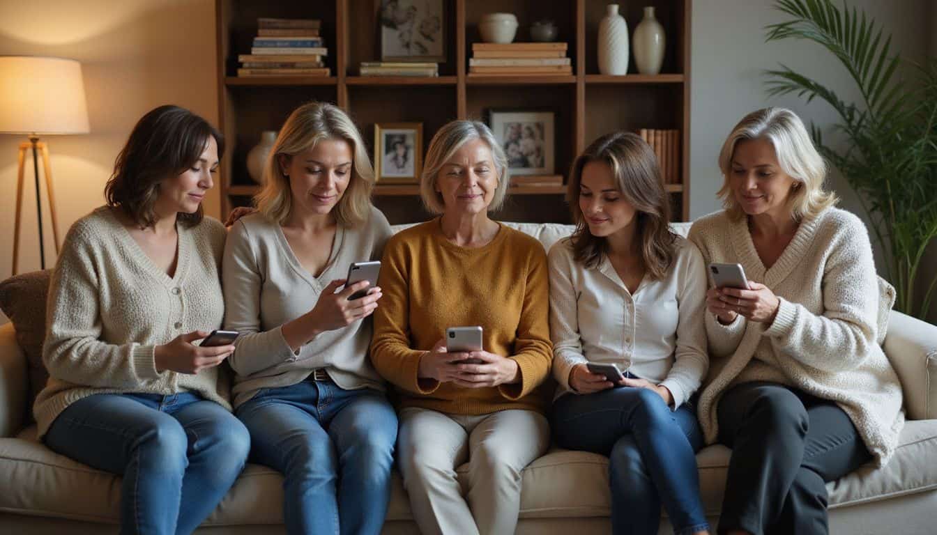 Five women sit together on a sofa, sharing menopause experiences and using a tracking app. Five women sit together on a sofa, sharing menopause experiences and using a tracking app.