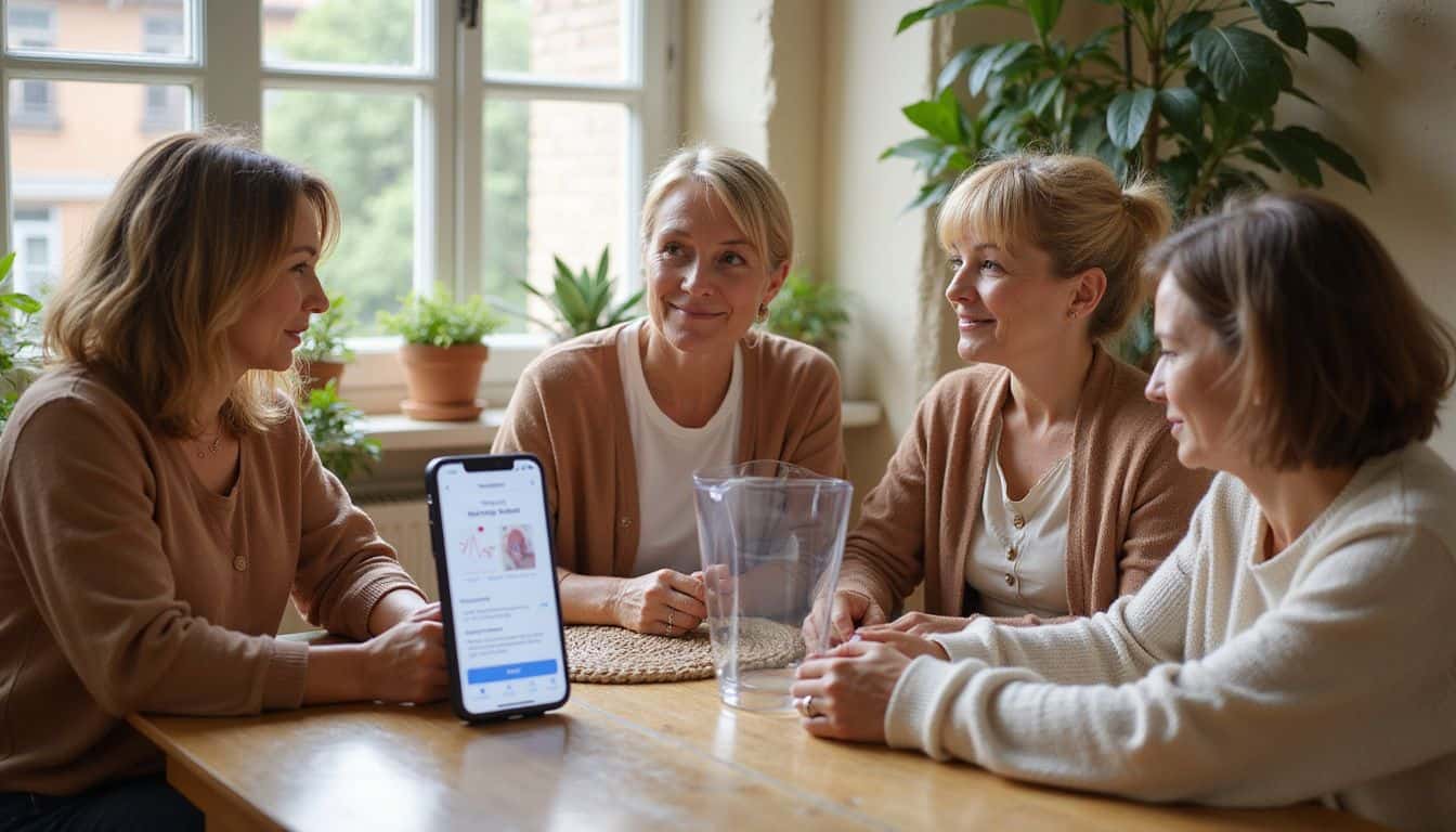 Four women share menopause tips and support while viewing information on digital screens. Four women share menopause tips and support while viewing information on digital screens.