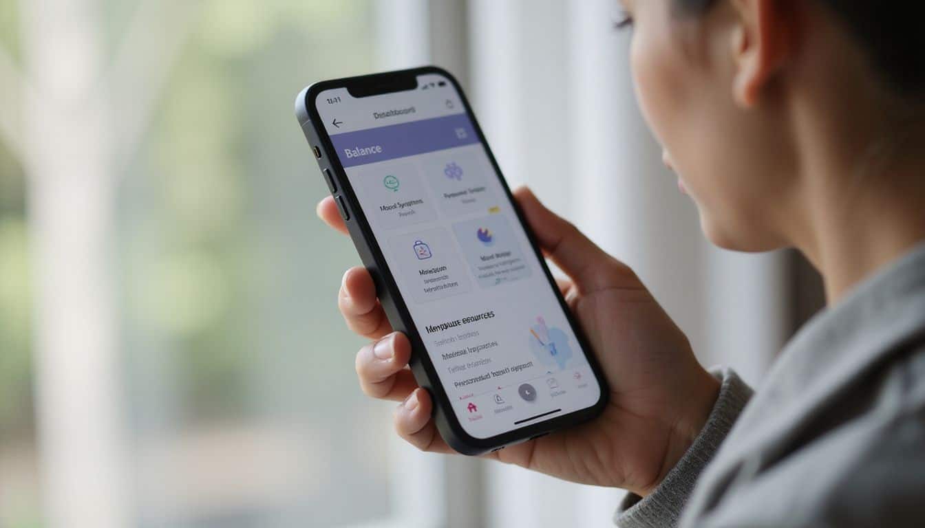 A phone shows the Balance app dashboard for symptoms, mood, medication, and learning resources. A phone shows the Balance app dashboard for symptoms, mood, medication, and learning resources.
