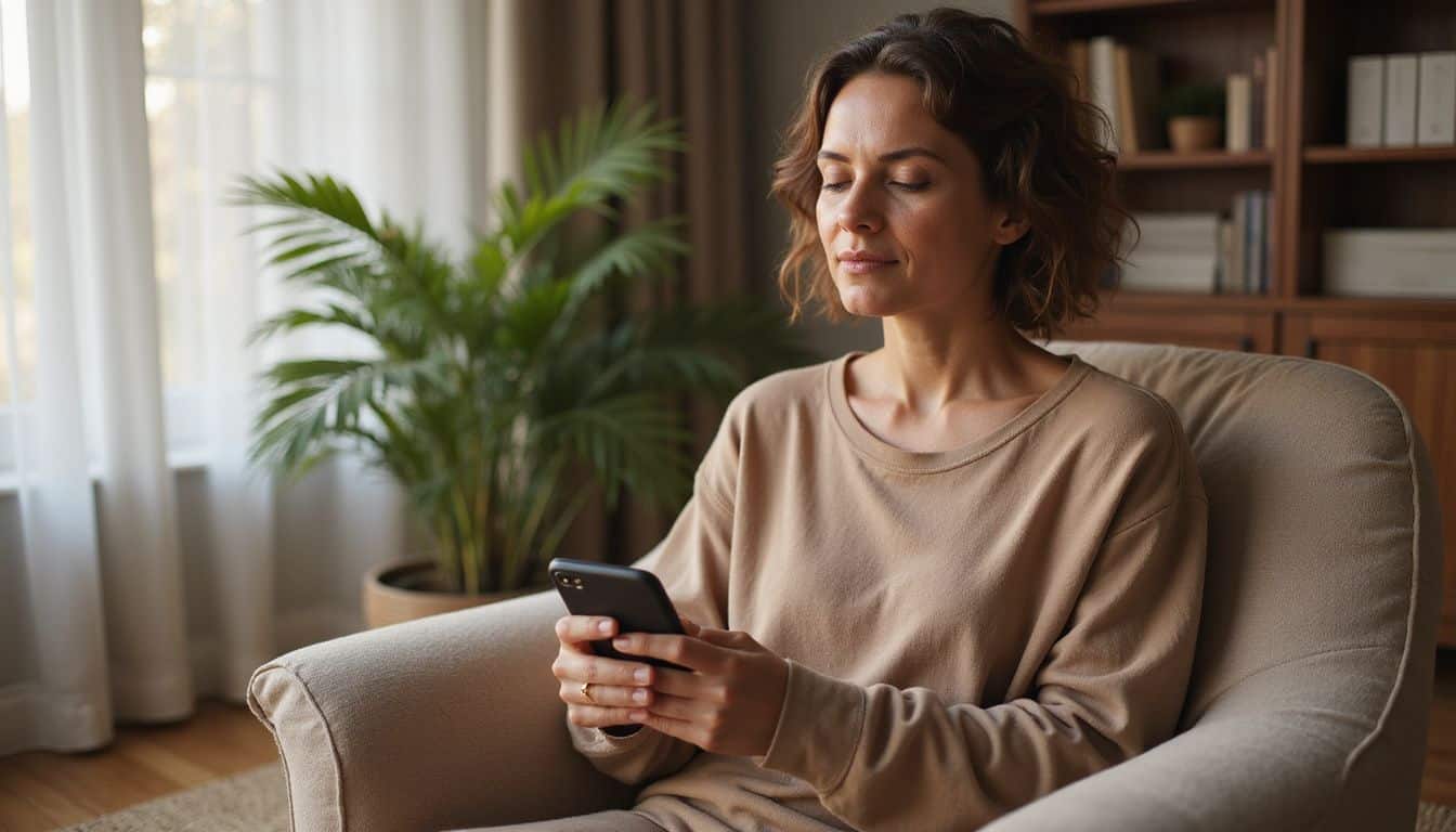 A woman meditates in a living room while holding a phone with a menopause app open. A woman meditates in a living room while holding a phone with a menopause app open.