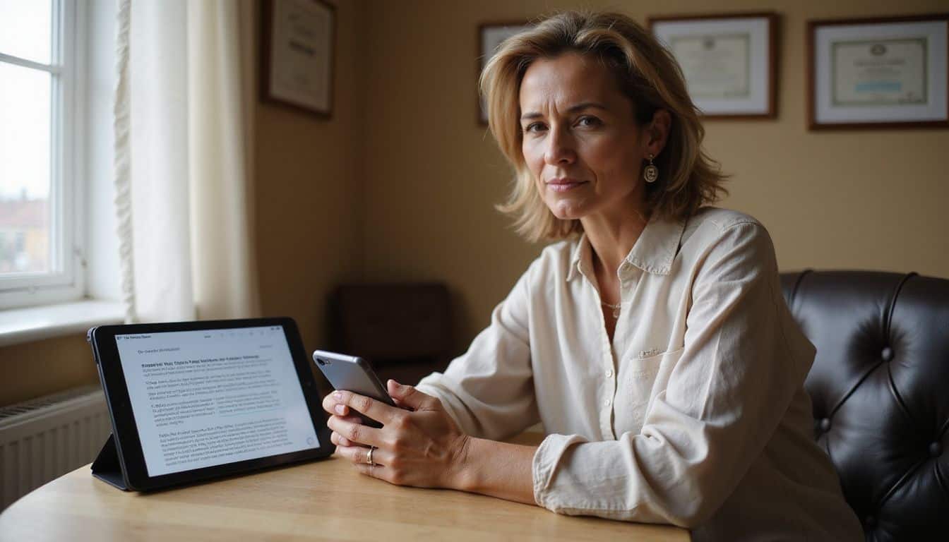 A woman reviews menopause education on her phone and tablet at a home office. A woman reviews menopause education on her phone and tablet at a home office.