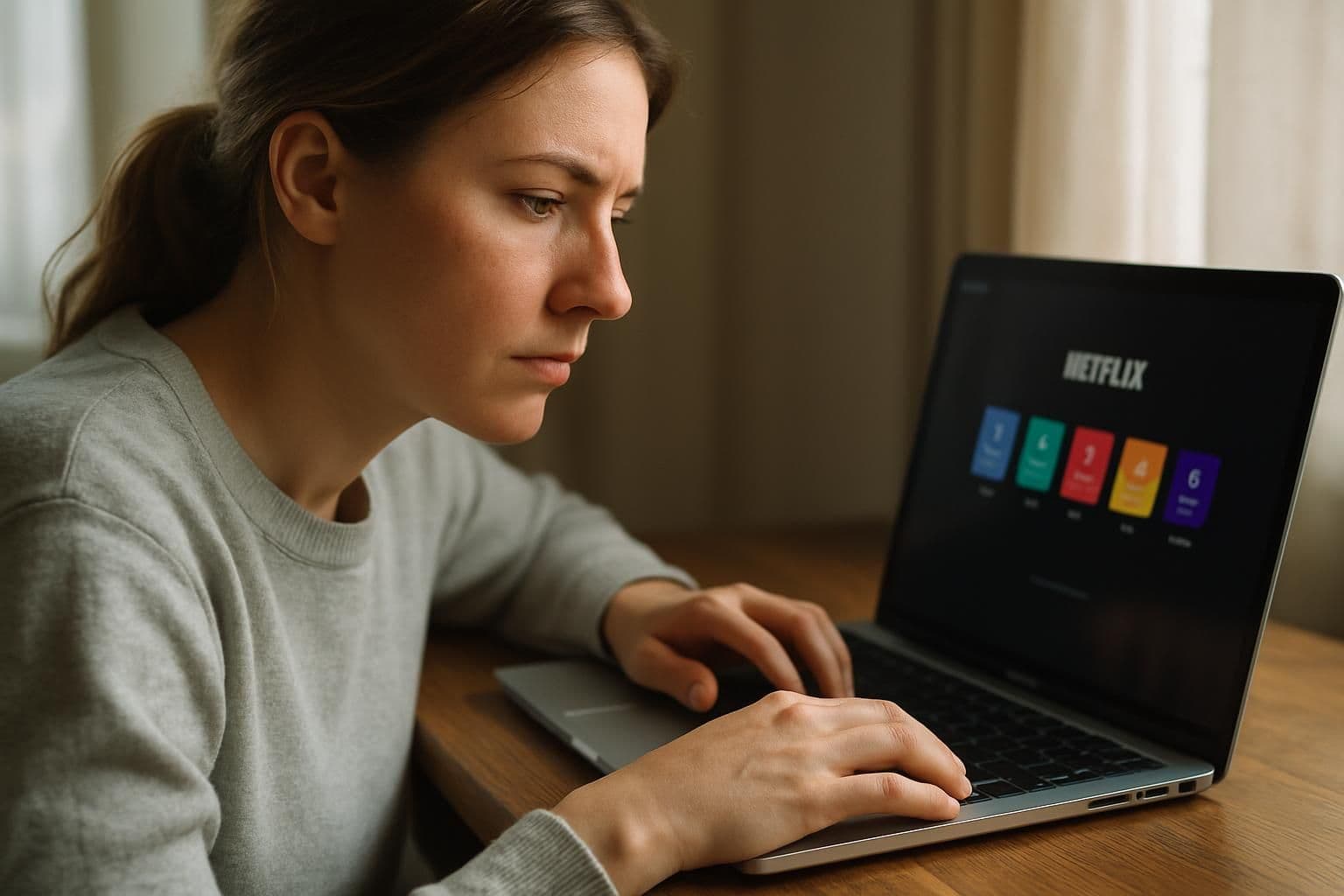 A woman in her 30s sits at a wooden desk, focused on her laptop while dressed casually in a sweater. A woman in her 30s sits at a wooden desk, focused on her laptop while dressed casually in a sweater.