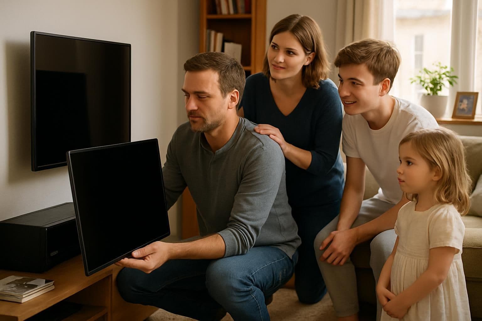 A family of four collaborates to replace their old TV in a cozy living room. A family of four collaborates to replace their old TV in a cozy living room.