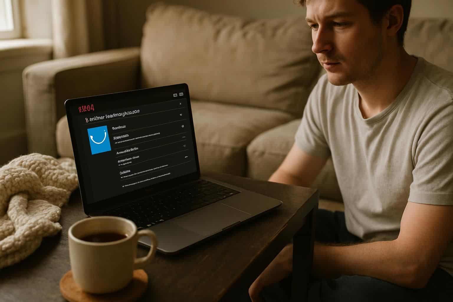 A person sits in a cozy living room with a laptop, tea, and a knitted blanket, focused on Netflix settings. A person sits in a cozy living room with a laptop, tea, and a knitted blanket, focused on Netflix settings.