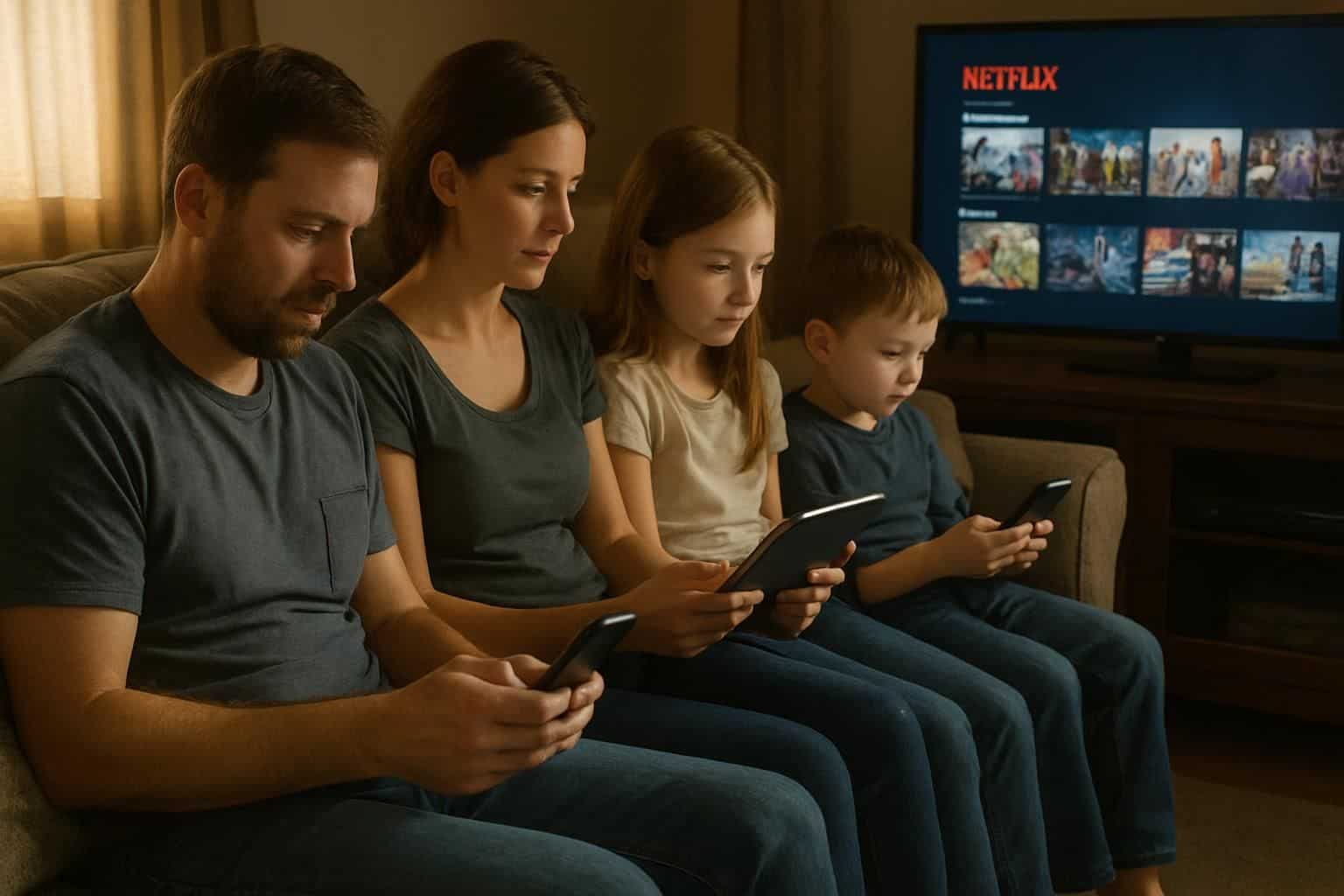 A family of four relaxes together on a couch, each focused on their individual devices in a cozy living room. A family of four relaxes together on a couch, each focused on their individual devices in a cozy living room.