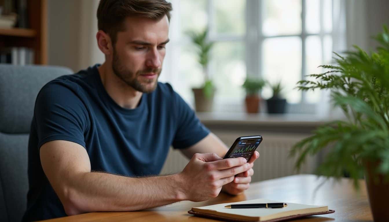 A focused man in a home office analyzes stock trading charts on his smartphone while seated at an oak desk. A focused man in a home office analyzes stock trading charts on his smartphone while seated at an oak desk.