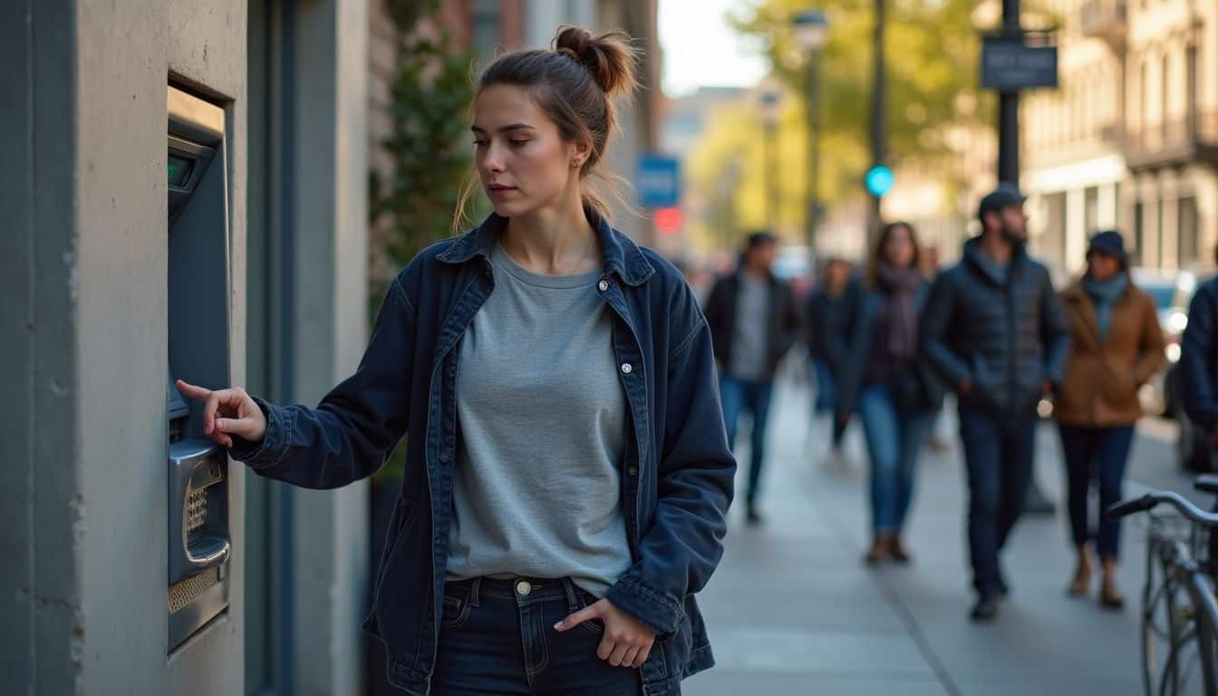 A woman in casual attire stands at an ATM, looking slightly frustrated as she examines the transaction fee. A woman in casual attire stands at an ATM, looking slightly frustrated as she examines the transaction fee.