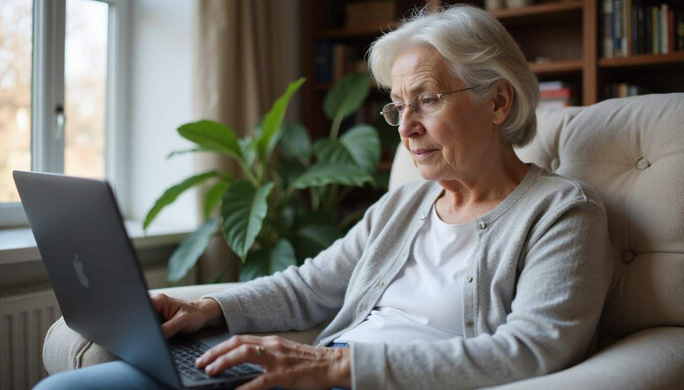An elderly woman sits comfortably in an armchair, focused on her laptop with open finance apps displayed. An elderly woman sits comfortably in an armchair, focused on her laptop with open finance apps displayed.
