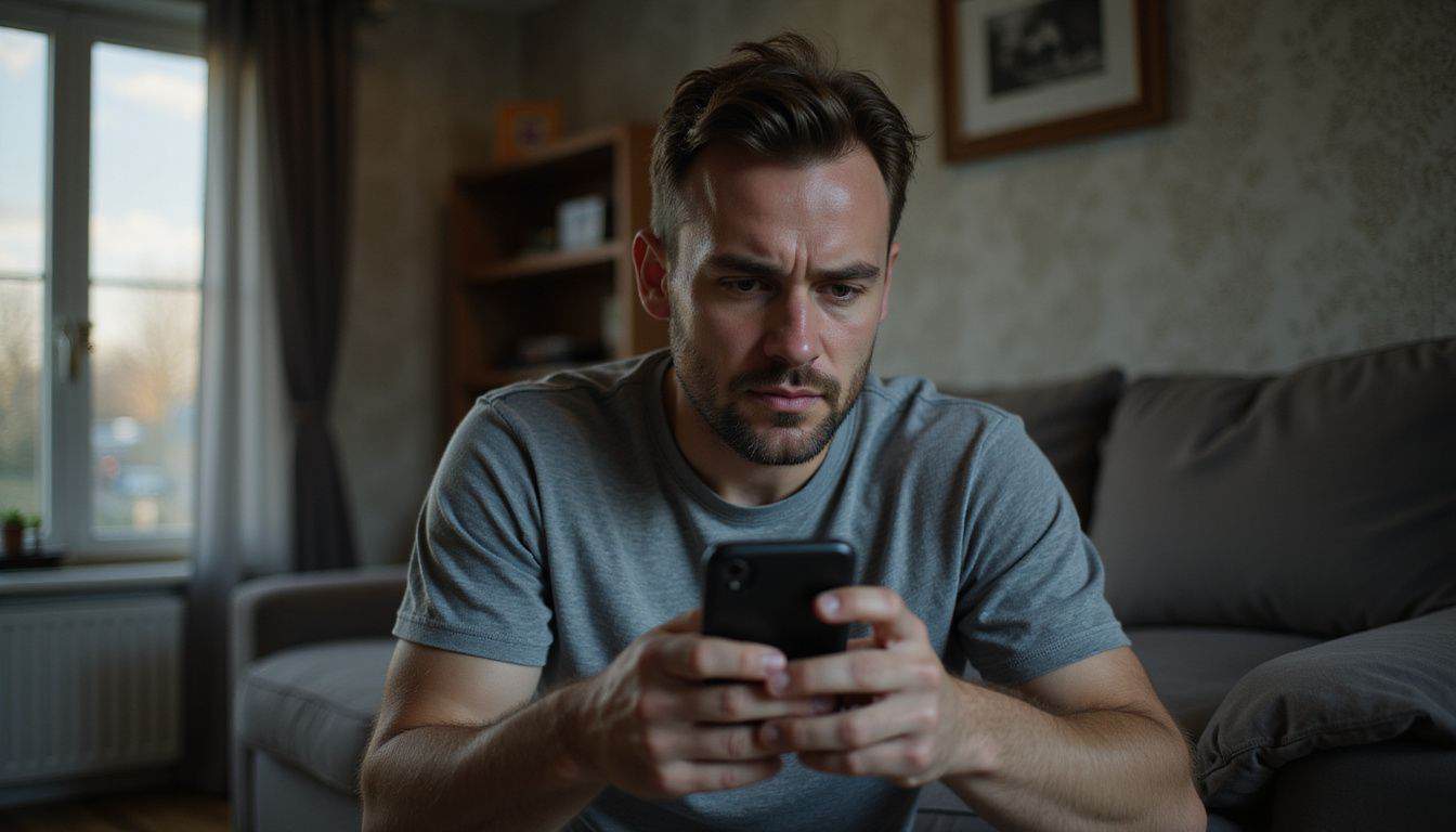 A man in his 30s appears frustrated while navigating mobile financial apps on his smartphone. A man in his 30s appears frustrated while navigating mobile financial apps on his smartphone.