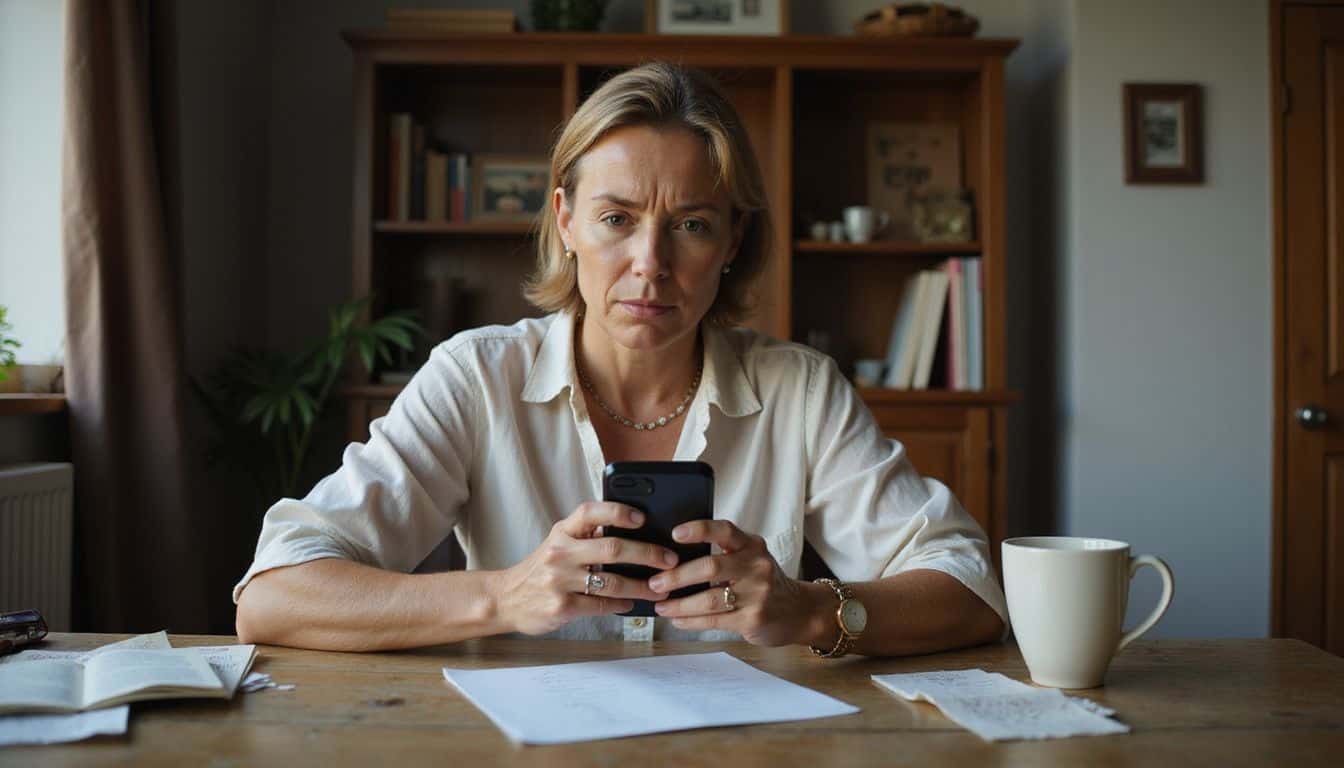 A middle-aged woman examines her smartphone, puzzled, amidst scattered receipts and a coffee mug in her home office. A middle-aged woman examines her smartphone, puzzled, amidst scattered receipts and a coffee mug in her home office.